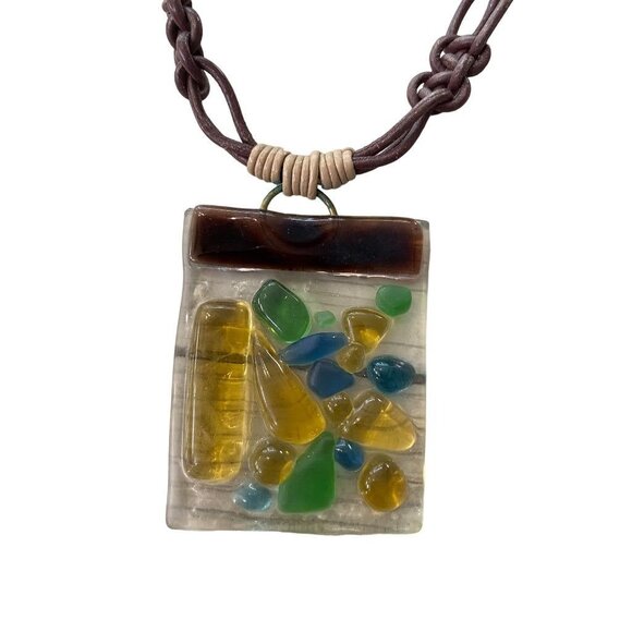 Art Glass Pendant Statement Necklace Mulitcolor 14" Toggle Clasp 2.2"h - Picture 9 of 16